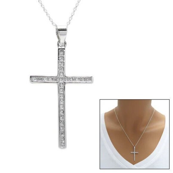 GORGEOUS STERLING SILVER CROSS PENDANT EMBOSSED WITH MICRO-PAVE CZS